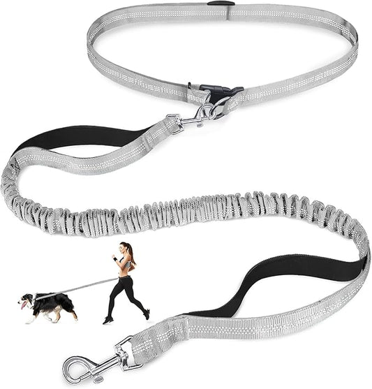 Hands Free Dog Leash, Adjustable Waist Leash for Dog, Handle Bungee 4.2-6.7 Feet Long with Reflective Stitches for Walking Hiking Running, Fits 26"- 43" Waist, Light Grey