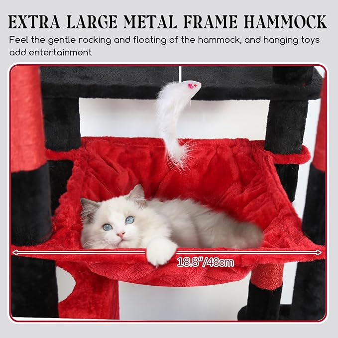 Globlazer Gothic Heavy Duty Cat Tree, 70in Tall Sturdy Goth Cat Tree for Indoor Cats Extra Large Cat Tower with Scratching Post, Cat Condos for Adult Cats Kittens, Hammock, Perch, F70 Pro, Red Black