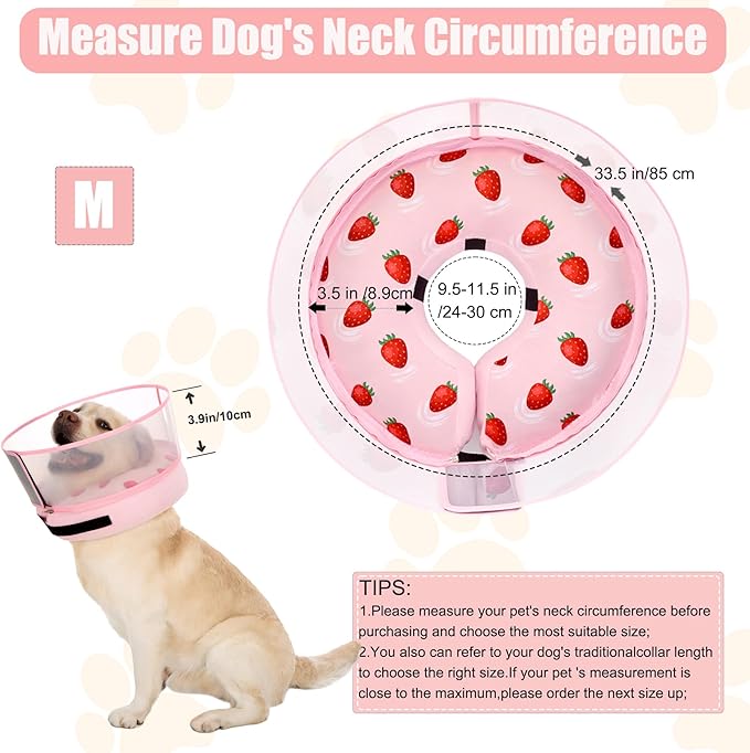 Inflatable Dog Cone Collar for Large Medium Small Dogs, Soft Dog Donut Collar Adjustable Recovery Cone for Pets After Surgery, Extra Enhanced Anti-Licking Guard Shield (Strawberry Print, Medium)