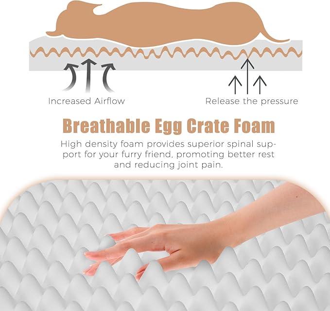 Orthopedic Outdoor Waterproof Dog Beds for Extra Large Dogs, Washable Crate Bed with Egg Crate Foam Pet Bed Mat and Removable Oxford Fabric Cooling Cover,45"x 32",Beige