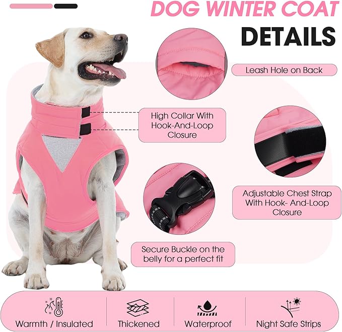 Large Dog Coat, Warm Dog Winter Jacket, Waterproof Dogs Snowsuit with Foldable High Collar, Reflective Strips, Leash Hole, and Adjustable Hook & Loop Closure - Ideal for Cold Weather - Pink L