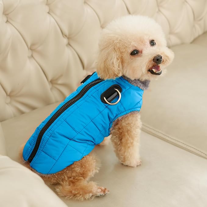 Warm Fleece Dog Coats with Durable Harness Buitl in D-Ring,Waterproof Puppy Jacket for Small Dogs,Dog Vest for Cold Winter,Light Blue M