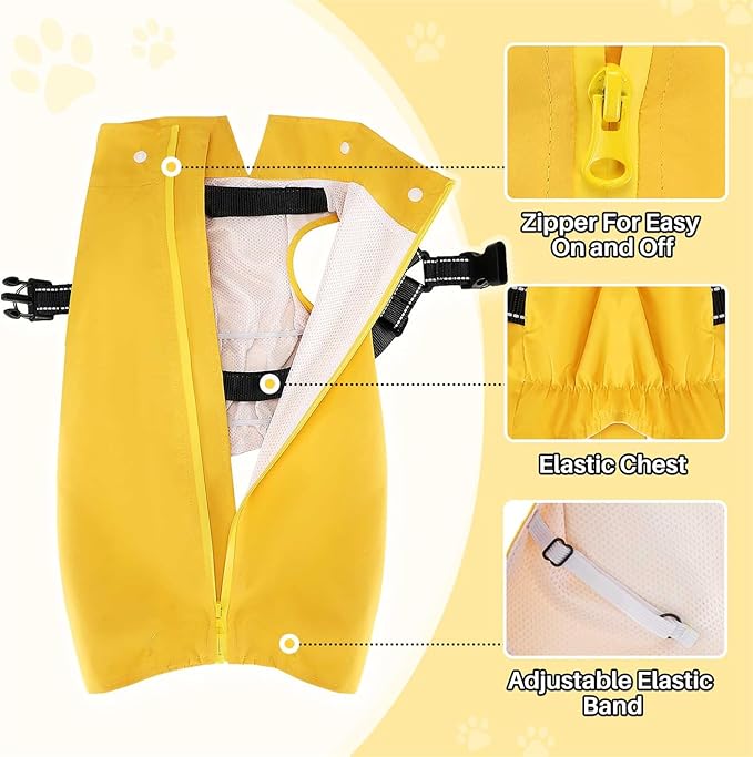 SlowTon Dog Raincoat Waterproof - Dog Rain Jacket with Harness and Hood Lightweight, Reflective Dogs Rain Coat for Large Medium Small Dogs Girl Boy Puppy Poncho Pet Clothes (Yellow, 2XL)