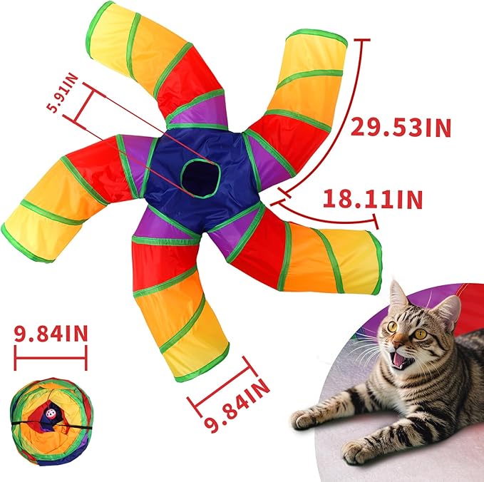 ‌Coolcandy Cat Tunnel & Interactive Cat Toy Indoor, Curved 5 Way Tunnel Toys for Indoor Cats, Collapsible Interactive Peekaboo Cave with Play Ball, for Multi-Way Play & Small Animals