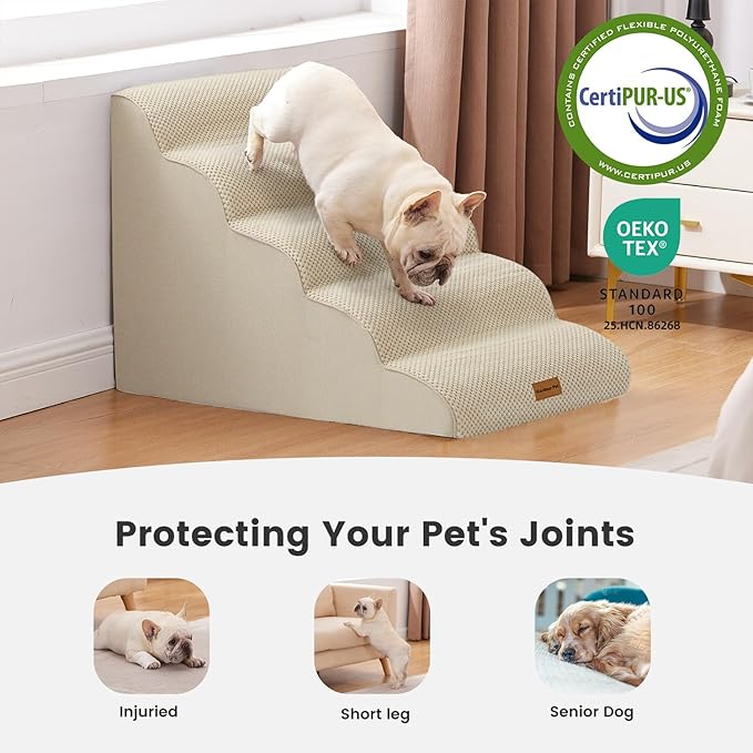 Gardner Pet Dog Stairs for Small Dogs 22.8" H, 5-Step Beige Curved Pet Stairs, Dog Steps for High Bed, Couch (24-30 in) with Durable Non-Slip Waterproof Fabric Cover and CertiPUR-US Certified Foam