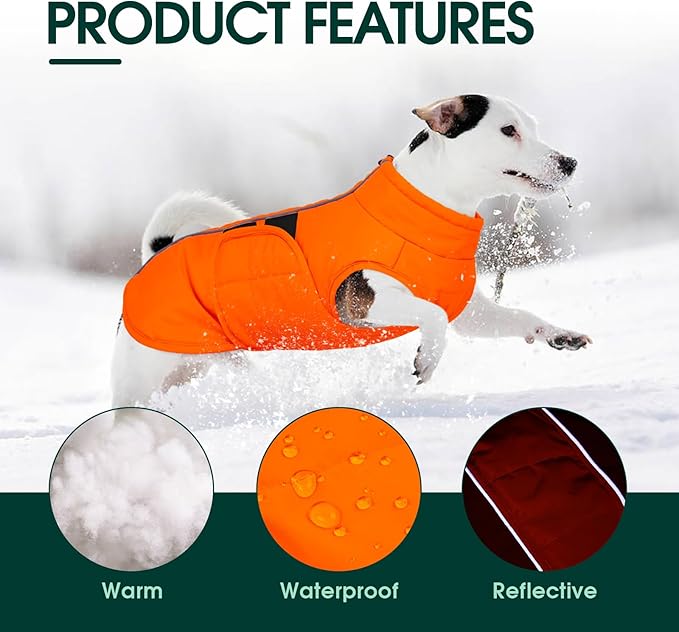 Kuoser Dog Jacket, Dog Coats for Large Dogs Winter Waterproof, Reflective Doggie Vest with Leash Hole, Cold Weather Coats Pet Snow Jacket for Labrador Beagle, Orange XL