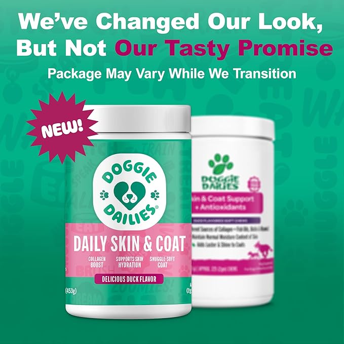 Doggie Dailies Skin & Coat Supplement Support, Salmon Oil for Dogs Skin and Coat with Collagen, Omega 3, Krill Oil, Biotin, & Coconut Oil for Dogs (Duck) 225 Soft Chews