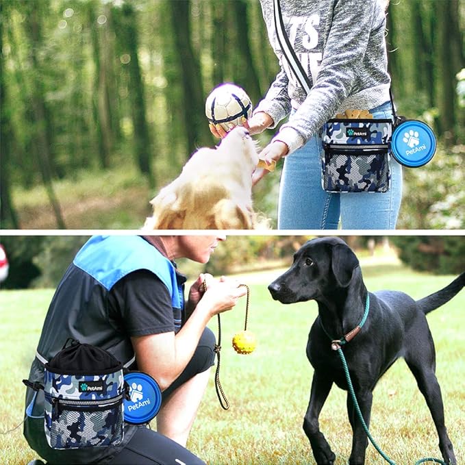 PetAmi Dog Treat Pouch, Pet Treat Pouch for Training, Dog Walking Bag Holder for Kibbles, Pet Food Toy, Dog Trainer Essentials Supplies, Poop Bag Dispenser, 3 Ways to Wear (Camo Blue)