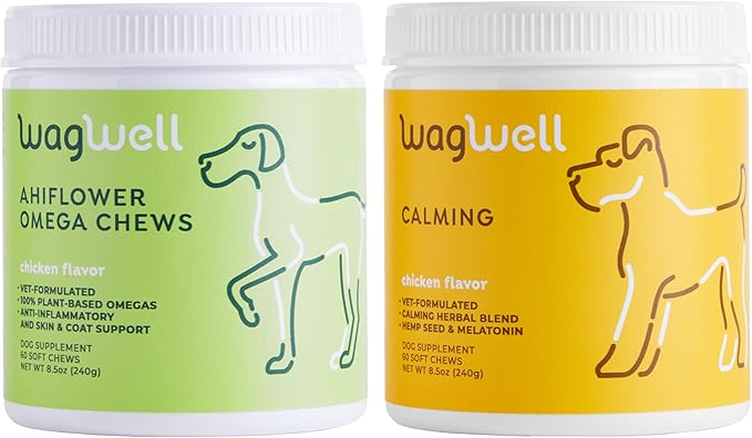 WagWell Ahiflower Omega Oil Dog Chews & Calming Chews Bundle - Skin, Coat, Hip and Joint Supplement for Dogs - Anxiety Relief