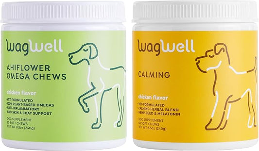 WagWell Ahiflower Omega Oil Dog Chews & Calming Chews Bundle - Skin, Coat, Hip and Joint Supplement for Dogs - Anxiety Relief