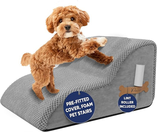 PAWZY Foam Pet Stairs for Small Dogs & Cats – 2-Step Dog Ramp 12” High, Wide Non-Slip Steps for Bed & Couch – Washable Pre-Fitted Cover (no Assembly Required), Waterproof Base – Grey