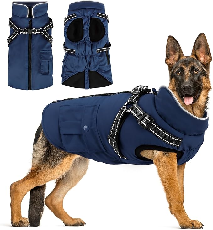 Dog Winter Coat with Harness Built-in | Waterproof Dog Jacket with Zipper & Fleece Lining | Reflective Cold Weather Coat for Small Medium Large Dogs