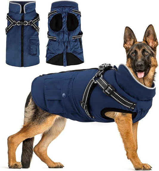 Dog Winter Coat with Harness Built-in | Waterproof Dog Jacket with Zipper & Fleece Lining | Reflective Cold Weather Coat for Small Medium Large Dogs