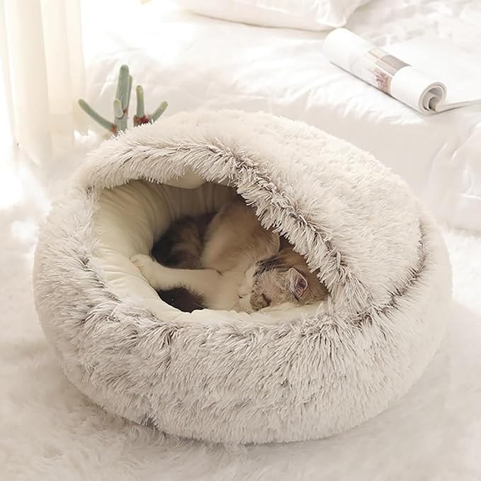 Round Plush Hooded Cat Bed, Cozy Nest Dog Beds, Cats Bed Calming Puppy Doughnut Beds with Cover Cave, Anti-Slip Bottom Washable Pets Sleeping Bag (White, M, 23.6×23.6Inch)