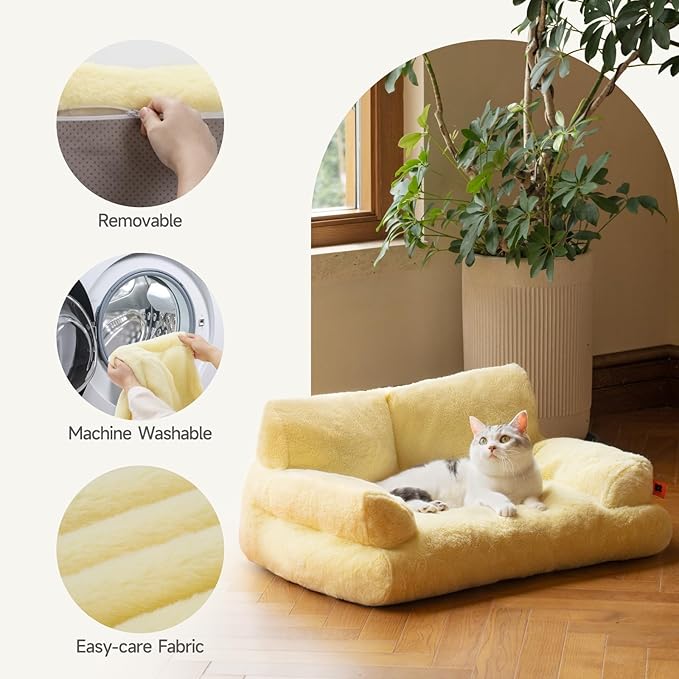 MEWOOFUN Cat Beds for Indoor Cats, Washable Small Dog Beds for Medium Small Dogs & Cats up to 25 Lbs, Fluffy Cat Couch with Non-Slip Bottom (Yellow, 26.0" L x 19.0" W x 13.0" Th)