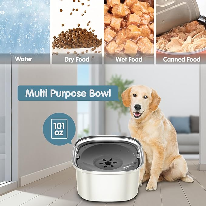 UPSKY 3L Dog Water Bowl 101oz Stainless Steel No Spill Large Capacity Dog Food Water Bowl Slow Water Feeder, Spill Proof Pet Water Dispenser Vehicle Carried Travel Water Bowls