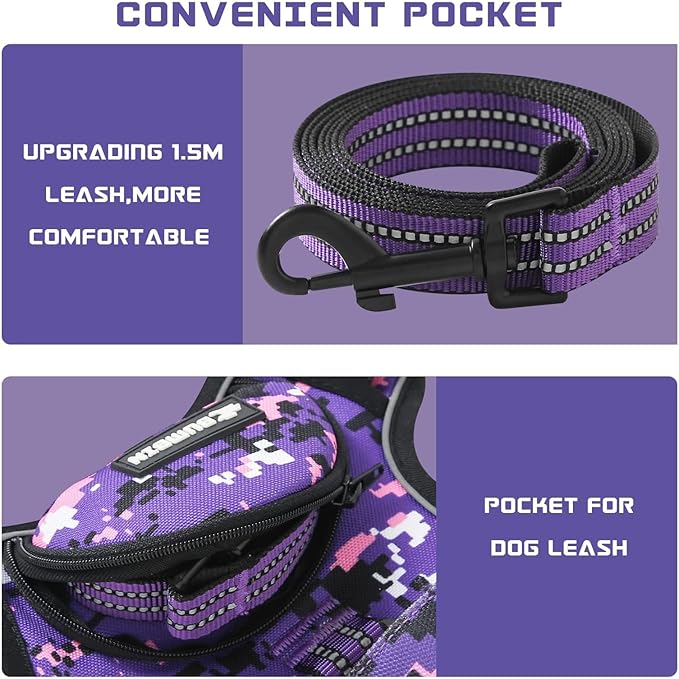 No Pull Dog Harness for Large Dogs, Adjustable No Choke Pet Vest with Dog Leash Fit Smart Reflective Pet Walking Harness for Training Easy Control Soft Handle Purple Camo L