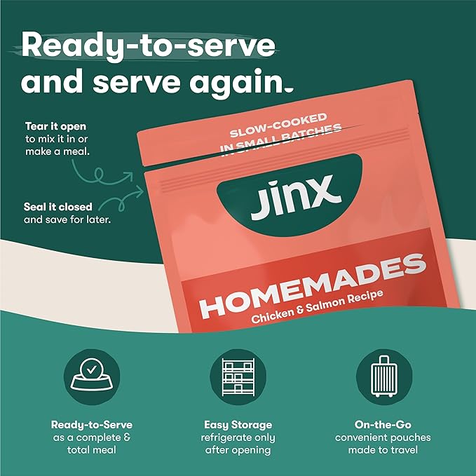 Jinx Salmon Grain Free Wet Dog Food Toppers, Meal or Mix with Dry Dog Food, Made with Real Salmon & Chicken, Bone Broth, No Fillers, Puppy, Adult, Senior, 9oz, 6 Pack