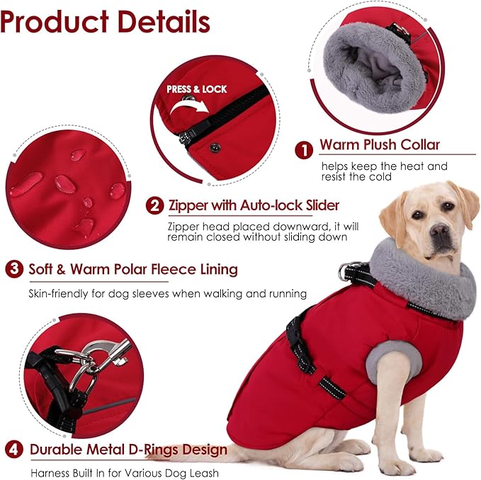 AOFITEE Dog Coat, Warm Dog Jacket Winter, Waterproof Dogs Winter Coat with Harness & Zipper, Reflective Turtleneck Fleece Pet Puffer Jacket Snowsuit for Jack Russel, Boston Terrier, Christmas Red M
