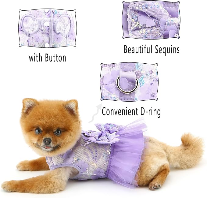 Dog Dress,Luxury Bow Princess Tutu Dresses for Girl Dogs Cute Fashion Mesh Pet Skirt with Sequins Flower Cat Puppy Clothes Wedding Party Outfits Chihuahua Apparel Button up D-Ring,Purple,S
