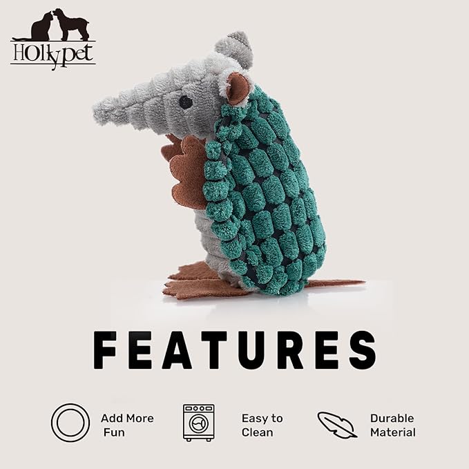 Hollypet Plush Dog Squeaky Toy Stuffed Armadillo Animal Pet Puppy Chew Toys with Clean Teeth for Small Medium Large All Breed Sizes Dogs, Deep Green, 6 in