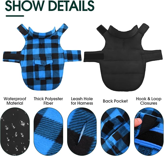 Kuoser Dog Winter Coat, Windproof Dog Fleece Jacket British Style Plaid Cold Weather Doggie Vest Coats, Reversible Cozy Warm Pet Clothes Apparel for Medium Dogs M