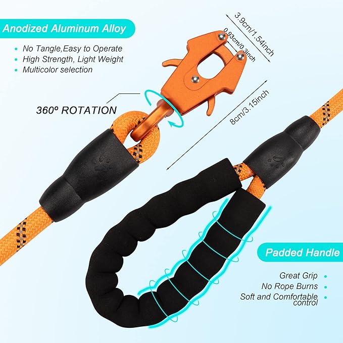 GEIT 2/4/5/6FT Dog Leash, Heavy Duty Rope Leashes, Reflective Nylon Pet Lead with Aluminum Quick Release/Locking Tactical Frog Clip for Small Medium and Large Dogs, Orange, 1/2 inch