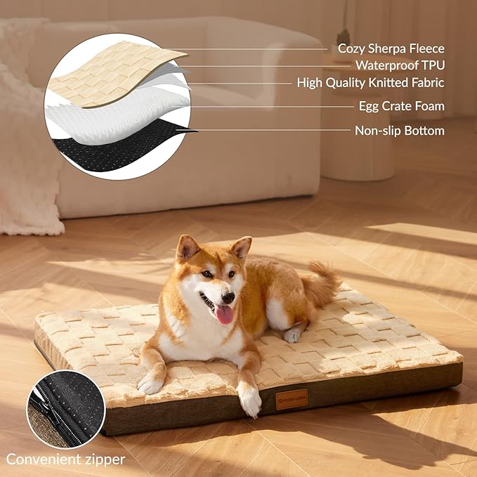 Patas Lague Orthopedic XL Dog Bed Large Sized Dog 42''X28'', Waterproof Soft Comfortable Egg Crate Foam Large Pet Beds Crate Mat with Removable Washable Cover and Nonskid Bottom, Brown