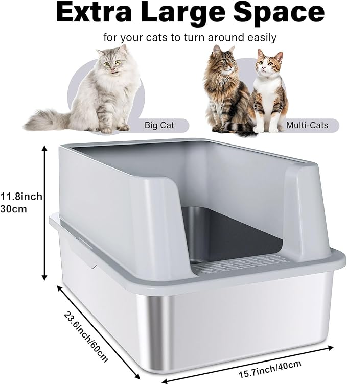 Stainless Steel Litter Box with Lid 2packs，Metal Litter Box with Covered Easy to Clean,Extra Large Litters Boxes for Big Cats with Scoop,Litters Boxes High Sided, Non-Sticky, Anti-Leakage