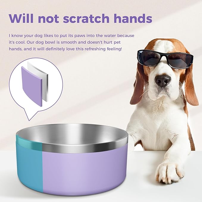 Dog Bowl, Stainless Steel Dog Food and Water Bowl with Non Slip Quiet Bottom, Easy to Clean, Dishwasher Safe, 40oz, Light Purple