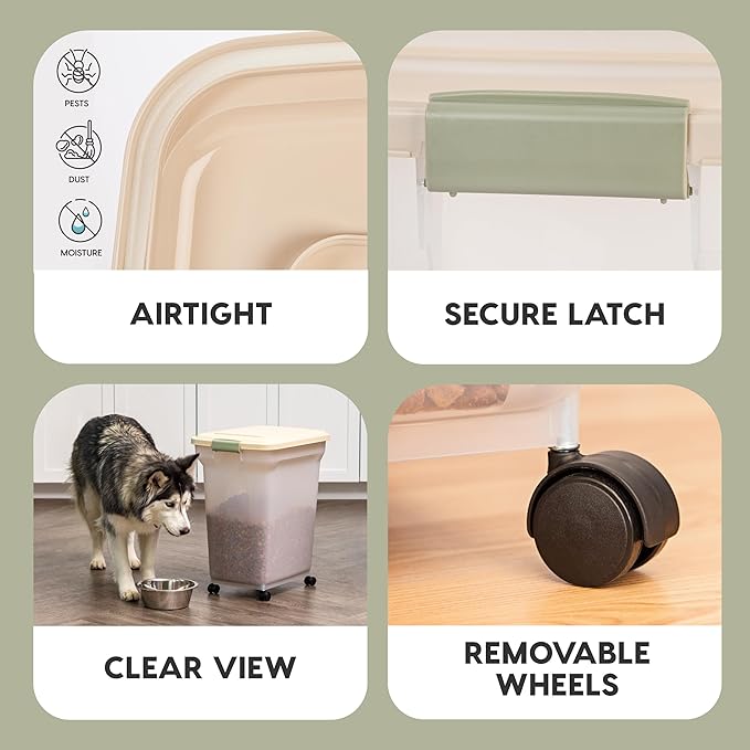 IRIS USA Airtight Dog Food Storage Container, WeatherPro, Up to 40 lbs, Removable Wheels, for Dog Cat Bird and Other Pet Food Storage Bin, Keep Fresh, Translucent Body, Made in USA, Clear/Almond