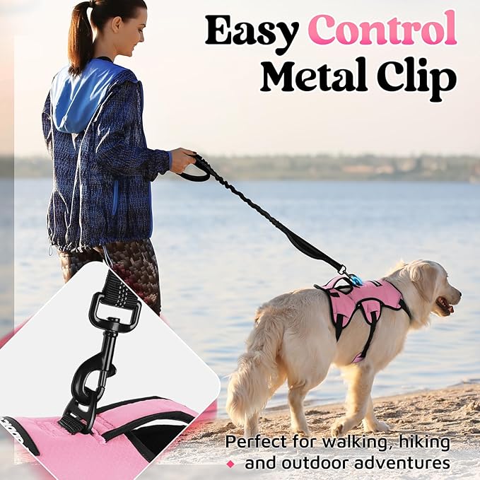 rabbitgoo Escape Proof Dog Harness Large Dogs, Soft Padded Full Body Pet Harness, Reflective Adjustable No Pull Vest with Lift Handle and Leash Clip for Walking Hiking Training, Light Pink, L