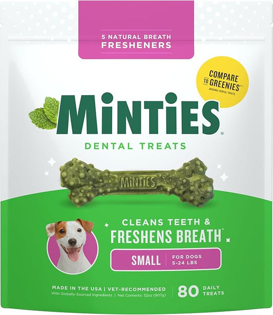 Minties Dental Chews for Dogs, 80 Count, Vet-Recommended Mint-Flavored Treats for Tiny/Small Dogs 5-24 lbs, Dental Bones Clean Teeth, Fight Bad Breath, and Removes Plaque and Tartar