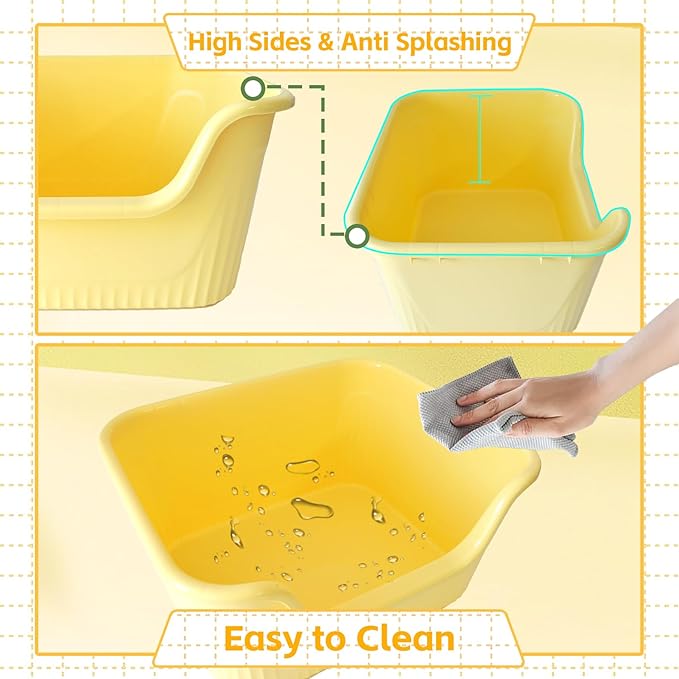 Large Cat Litter Box with High Sides,17.5"x15"x8.9" Open Top Cat Litter Pan Anti Splashing Non-Stick Litter Tray Low Entry Cat Litter Boxes Jumbo Kitty Litter Toilet Easy Clean for Cats(Yellow)
