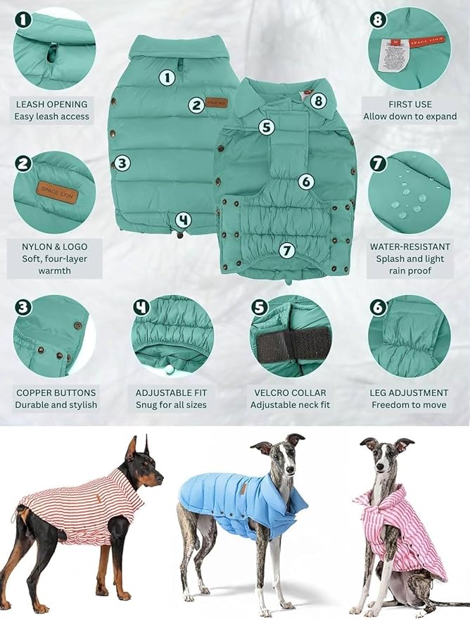 SPACE LION Puffer Jacket, Down Winter Coat, Waterproof, Windproof, Lightweight Jacket, Adjustable Fit for Small Dogs(Green,XS)