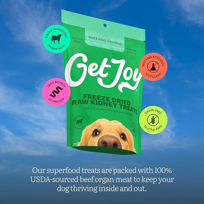 Get Joy Freeze Dried Superfood 100% Beef Kidney Dog Treats, 16 Ounce Bag, Single Ingredient Organ Meat, High Protein, Immune Health, Muscle Repair, Grain Free, Gluten Free, Made in USA