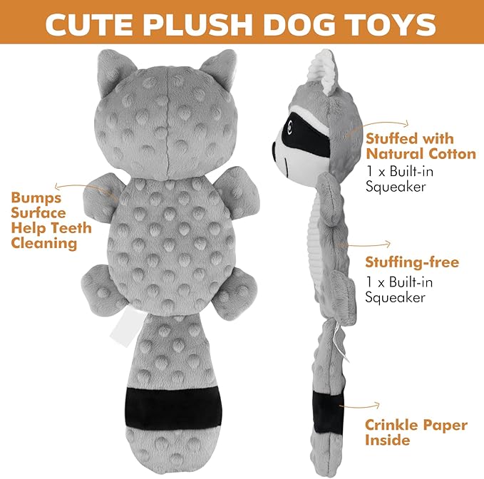 petizer Plush Squeaky Dog Toys, Stuffed and Crinkle Dog Chew Toys, Interactive Toys for Puppies, Small, Medium and Large Dogs, Cute Squirrel and Raccoon, 2 Pack
