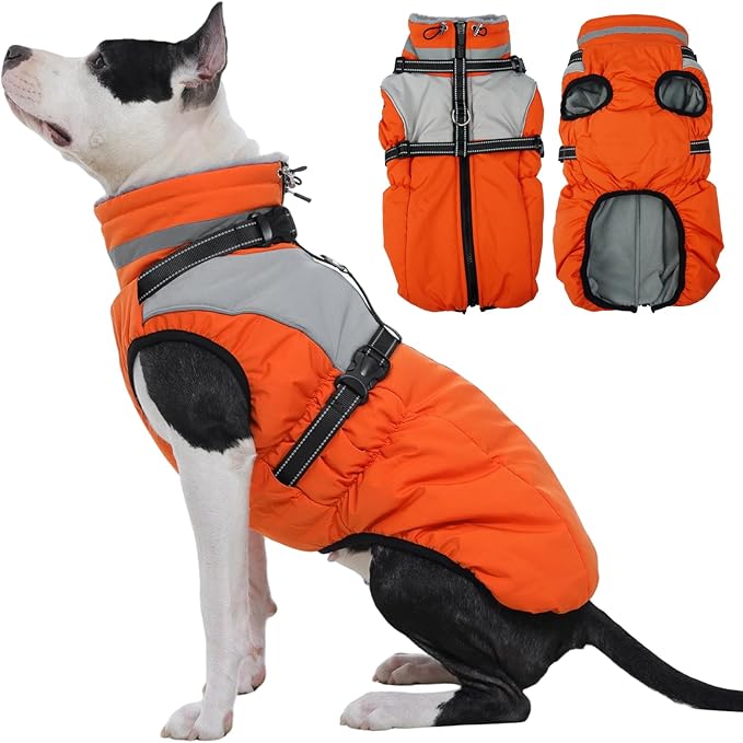 Kuoser Dog Coat, 2 in 1 Dog Jacket with Harness Built in, Winter Waterproof Puppy Puffer Jacket Snowsuit for Small Medium Large Dogs, Cold Weather Reflective Pet Fleece Vest with Zipper