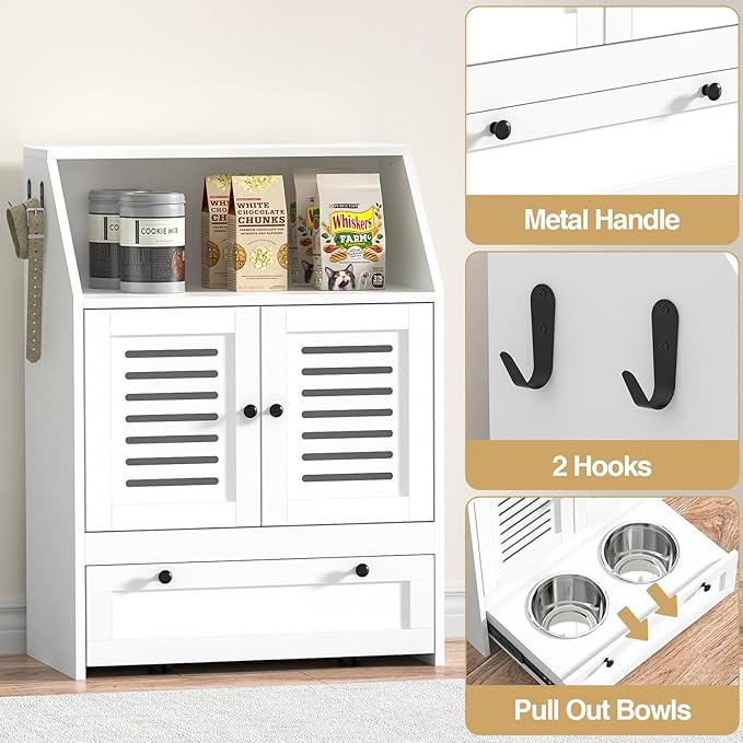 Giluta Dog Feeding Station, Food Cabinet Furniture with 2 Dog Raised Bowls, Pet Food Storage Pet Feeder Cabinet Container for Feeding&Watering Supplies,White