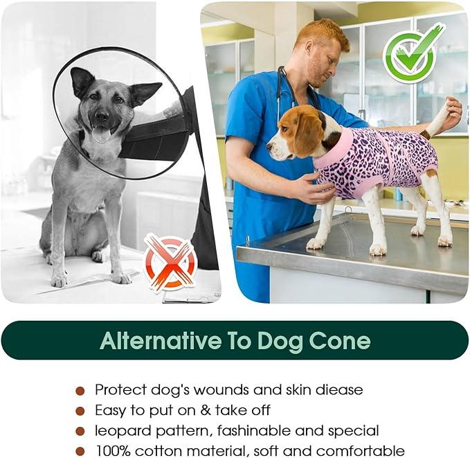Kuoser Dog Recovery Suit Female, Soft Puppy Surgery Suit, Dog Recovery Suit After Surgery, Post-Op Onesie for Female & Male Dogs, Soft Protective Wear, PinkLeopard S