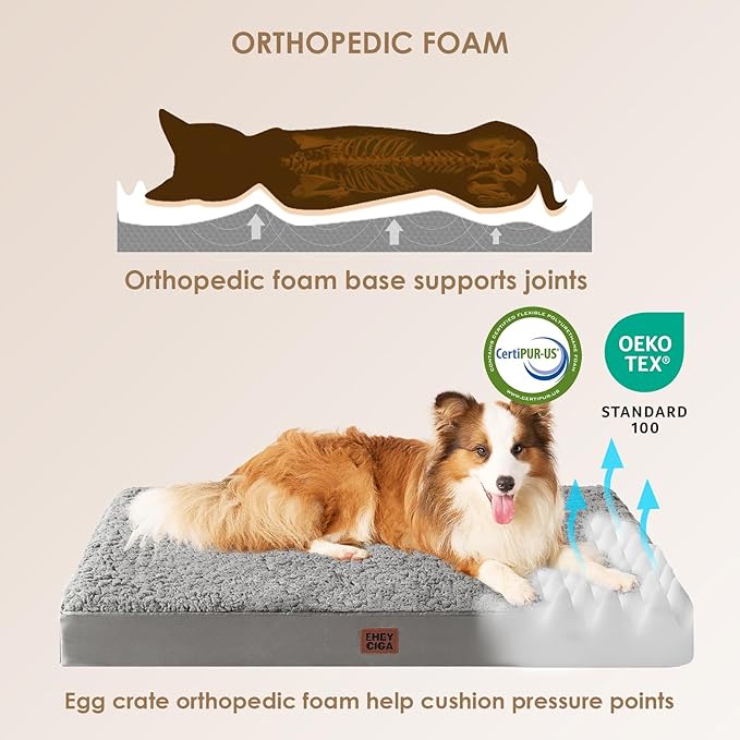 EHEYCIGA Orthopedic Foam Dog Bed for Large Dogs, 35"L x 23"W x 3.5"Th, Light Grey