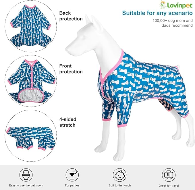 LovinPet Large Dog Jumpsuit, Dog Pjs, Lightweight Stretchy Fabric, Blue Octopus Print Dog Jumpsuit, Onesies for Dogs, Pitbull Shirt, Pajamas for Pitbulls, Easy to Wear Large Dog Clothes, 3XL