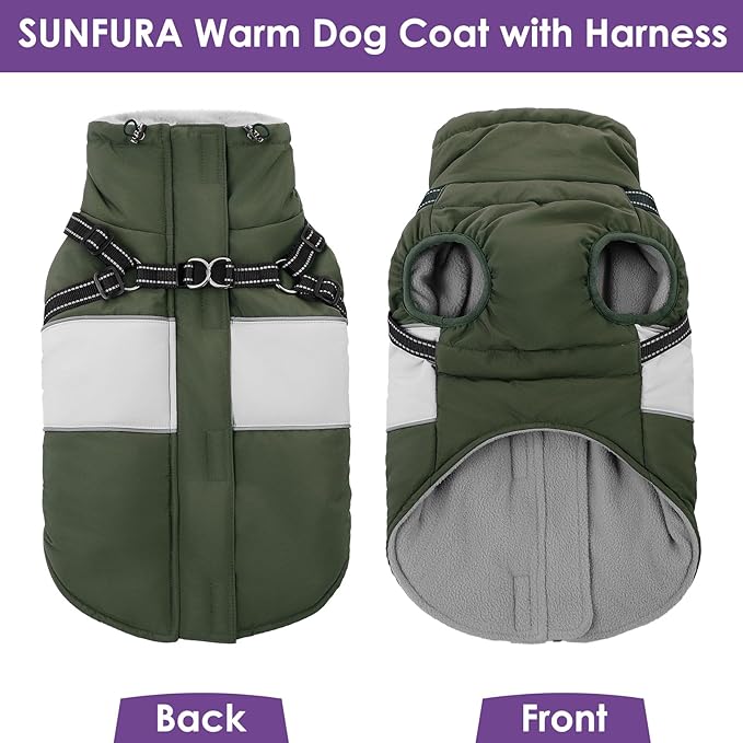 SUNFURA Dog Coat, XXL Dog Jacket Winter with Harness Built in, Waterproof Pet Snow Jacket with Furry Collar for Chilly Day, Reflective Fleece Snowsuit for Extra Large Dogs, Army Green 2XL