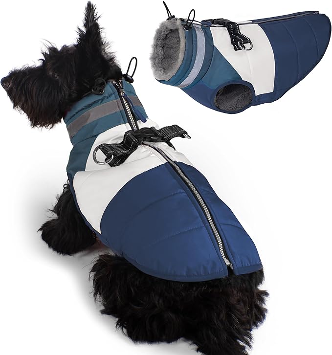 azuza Dog Jacket for Medium Dogs Waterproof Dog Coat with Reflective Strips and Harness Built in Warm Fleece Dogs Winter Coat Windproof with Back Zipper, Navy XL