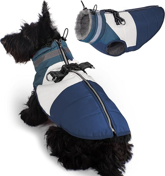 azuza Dog Jacket for Small Dogs Waterproof Dog Coat with Reflective Strips and Harness Built in Warm Fleece Dogs Winter Coat Windproof with Back Zipper, Navy M