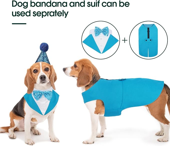 Kuoser Dog Tuxedo for Large Dogs, Pet Wedding Outfit with Bow Tie, Dog Suit and Bandana Set Formal Dogs Tux Pet Costume Halloween Christmas Outfit for Birthday Party Cosplay