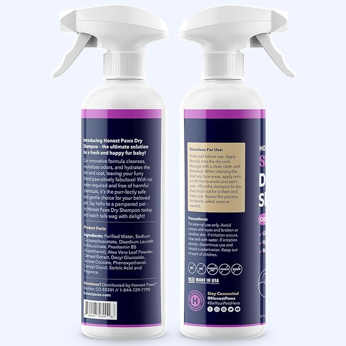 Honest Paws Dog Dry Shampoo - Waterless No Rinse Spray Formula Reducing Itch Cleanse Hydrate Nourish Dry Skin and Smelly Coat Help Decrease Odor Shedding and Allergies - Oatmeal & Lavender - 16 oz