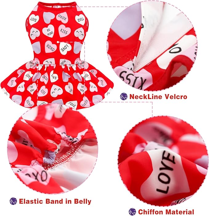 cyeollo Valentines Day Dog Dress Holiday Theme Outfit Heart Pattern Chiffon SkirtGirl Dog Clothes Dresses for Puppy Dogs Cats Apparel