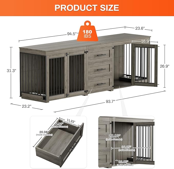 Rophefx 94.5" Dog Crate Furniture for 2 Dogs, Large Dog Kennel Furniture with 3 Storage Drawer, Wooden Dog Cage with 4 Bowls, Indoor Dog House TV Stand with Locks for Large Medium Dog, Grey