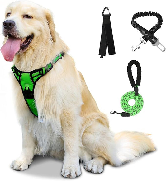 FURRYFECTION Dog Harness | No Pull Dog Harness | Reflective Oxford | Padded Handle | 4 Adjustable Straps | 2 Leash Clips | No Choke Pet Vest Harness for Small Medium Large Dogs | Green | L